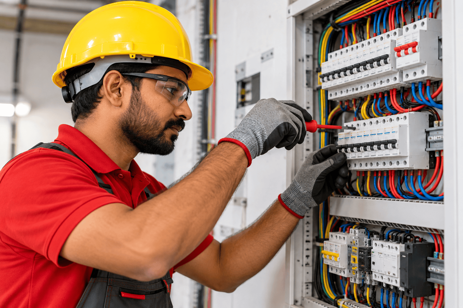 Professional electrician working on electrical installation